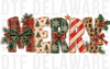 Merry patchwork text with Christmas patterns and leopard print, stitched fabric collage, vintage detailed illustration DTF