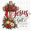 wooden Christian cross decorated with Christmas poinsettias, pine greenery, lantern, and John 3:16 scripture, painterly
