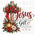 wooden Christian cross decorated with Christmas poinsettias, pine greenery, lantern, and John 3:16 scripture, painterly
