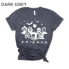 Dark-grey-colored Funny Halloween T-Shirt. Features a 'Horror Movie Friends' print design that humorously brings together popular horror movie characters.