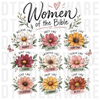 Women of the Bible floral grid with virtues and biblical figures, illustrated floral watercolor with hand-lettered