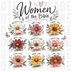 Women of the Bible floral grid with virtues and biblical figures, illustrated floral watercolor with hand-lettered
