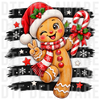 Cute winking gingerbread girl with Santa hat, peace sign, and candy cane, 3D glossy digital illustration with distressed