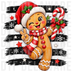 Cute winking gingerbread girl with Santa hat, peace sign, and candy cane, 3D glossy digital illustration with distressed