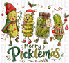 Cute Christmas pickles wearing Santa hats, winter gear, and Christmas lights with the phrase Merry Picklemas, illustrated