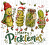 Cute Christmas pickles wearing Santa hats, winter gear, and Christmas lights with the phrase Merry Picklemas, illustrated