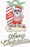 Surfing Santa on a beach with a surfboard and palm trees, retro halftone cartoon DTF transfer design