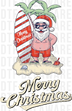 Surfing Santa on a beach with a surfboard and palm trees, retro halftone cartoon DTF transfer design