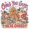 panicked gingerbread man baking scene with christmas decorations, vintage distressed retro illustration DTF transfer design