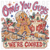 panicked gingerbread man baking scene with christmas decorations, vintage distressed retro illustration DTF transfer design