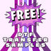 Promotional image with a 'FREE! DTF TRANSFER SAMPLES' headline in a purple burst, advertising complimentary Direct-to-Film transfer products, reflecting DTFdelaware.com's service offerings.