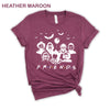 Heather-maroon-colored Funny Halloween T-Shirt. Features a 'Horror Movie Friends' print design that humorously brings together popular horror movie characters.