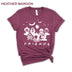 Heather-maroon-colored Funny Halloween T-Shirt. Features a 'Horror Movie Friends' print design that humorously brings together popular horror movie characters.