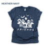 Heather-navy-colored Funny Halloween T-Shirt. Features a 'Horror Movie Friends' print design that humorously brings together popular horror movie characters.