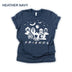 Heather-navy-colored Funny Halloween T-Shirt. Features a 'Horror Movie Friends' print design that humorously brings together popular horror movie characters.
