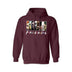 Friends Horror Movie Hoodie - Funny Michael Myers Halloween Graphic Hooded Sweatshirt. High-quality, cozy pullover hoodie featuring the hilarious Michael Myers and horror friends design. Shown here in Heather-maroon. Available for custom printing in multiple colors and sizes.