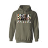 Friends Horror Movie Hoodie - Funny Michael Myers Halloween Graphic Hooded Sweatshirt. High-quality, cozy pullover hoodie featuring the hilarious Michael Myers and horror friends design. Shown here in Military-green. Available for custom printing in multiple colors and sizes.