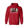 Friends Horror Movie Hoodie - Funny Michael Myers Halloween Graphic Hooded Sweatshirt. High-quality, cozy pullover hoodie featuring the hilarious Michael Myers and horror friends design. Shown here in Red. Available for custom printing in multiple colors and sizes.