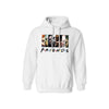 Friends Horror Movie Hoodie - Funny Michael Myers Halloween Graphic Hooded Sweatshirt. High-quality, cozy pullover hoodie featuring the hilarious Michael Myers and horror friends design. Shown here in Whi̇te. Available for custom printing in multiple colors and sizes.