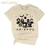 Natural-colored Funny Halloween T-Shirt. Features a 'Horror Movie Friends' print design that humorously brings together popular horror movie characters.