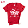 Red-colored Funny Halloween T-Shirt. Features a 'Horror Movie Friends' print design that humorously brings together popular horror movie characters.