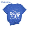 True-royal-colored Funny Halloween T-Shirt. Features a 'Horror Movie Friends' print design that humorously brings together popular horror movie characters.