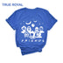 True-royal-colored Funny Halloween T-Shirt. Features a 'Horror Movie Friends' print design that humorously brings together popular horror movie characters.