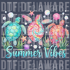 Three colorful watercolor sea turtles with starfish and bubbles and the text Summer Vibes DTF transfer ready to press.