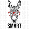 Sketch of a donkey wearing red glasses with the text SMART underneath funny smart ass DTF transfer ready to press.