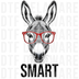 Sketch of a donkey wearing red glasses with the text SMART underneath funny smart ass DTF transfer ready to press.