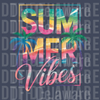 Vibrant 80s retro neon text saying SUMMER with a galactic sunset and palm trees inside a neon frame DTF transfer ready to press.