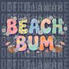 Colorful bubble font text saying Beach Bum with daisies, smiling coconuts, and tropical leaves DTF transfer ready to press.