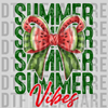 Vibrant bow shaped like a watermelon slice with seeds and green rind on a Summer Vibes background DTF transfer ready to press.