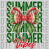 Vibrant bow shaped like a watermelon slice with seeds and green rind on a Summer Vibes background DTF transfer ready to press.