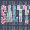 High-definition 3D look SALTY text made of faux lace, floral patches, pearls, and starfish DTF transfer ready to press.
