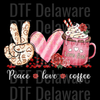 "Peace Love Coffee" DTF Transfer - Retro Coffee Heart & Peace Sign Ready to Press - White