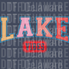 Colorful varsity style text saying LAKE with VIBES in a red capsule DTF transfer ready to press.
