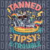 Funny cat wearing sunglasses on a unicorn float with a cocktail and text Tanned Tipsy & Trouble DTF transfer ready to press.