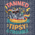 Funny cat wearing sunglasses on a unicorn float with a cocktail and text Tanned Tipsy & Trouble DTF transfer ready to press.