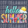 Colorful text saying Hello Summer in a patchwork quilt style with watermelon, flowers, and gingham patterns DTF transfer ready to press.