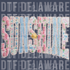 High-definition 3D look SUNSHINE text made of faux floral patches, blue stripes, and tiny bows with a gingham sun DTF transfer ready to press.