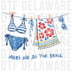 Illustration of a bikini, beach towel, and sunglasses hanging on a clothesline with text Meet Me At The Beach DTF transfer ready to press.