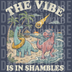 Funny dinosaurs on beach with meteor falling and text The Vibe Is In Shambles DTF transfer ready to press.