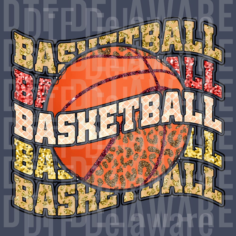Basketball Stacked Text Design - Multi-Pattern Glitter & Leopard Graph