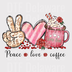 "Peace Love Coffee" DTF Transfer - Retro Coffee Heart & Peace Sign Ready to Press - Black