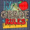 1st Grade Rules PNG - Leopard Print Teacher Design with Pencil and Apple Accents
