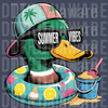 Illustration of a cool duck wearing a palm tree hat and sunglasses in a lemon inner tube with text Summer Vibes DTF transfer ready to press.