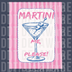 Classic martini glass with olives on a pink striped background with text Martini Me Please DTF transfer ready to press