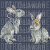 Grey Watercolor Easter Bunny Duo DTF - Cute Rabbits with Blue Bow and Carrot Headband