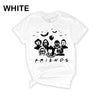 Whi̇te-colored Funny Halloween T-Shirt. Features a 'Horror Movie Friends' print design that humorously brings together popular horror movie characters.